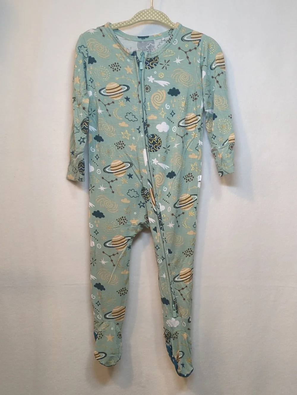 Posh Peanut Space-Print One-Piece Footed Pajamas - Mint Green